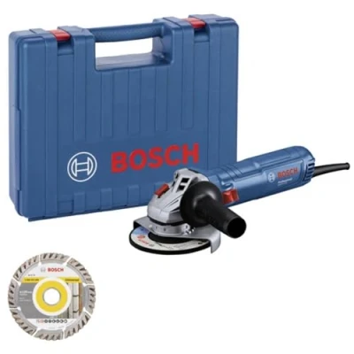 Abbildung von Bosch Professional Winkelschleifer GWS 12 125 (Scheiben Ø: 125mm, Leistung 1200 W, Wiederanlaufschutz, inkl. 1x Diamantschleifscheibe, Zusatzhandgriff, in Handwerkerkoffer)