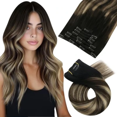 Abbildung von Moresoo Echthaar Extensions Clip Schwarz Haarverlängerung in Balayage bis Braun mit Karamellblond 45cm #1B/3/27 7PCS Glatt Haare 120g