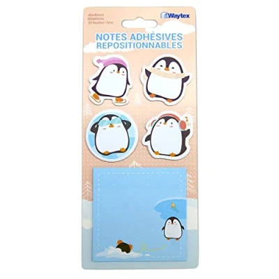 Abbildung von WAYTEX 931666 Haftnotizen, wiederverwendbar, Motiv: niedliche Tiere, auf Ständer, 4 Mini Blöcke in Pinguin Form und 1 quadratischer Block 8 x cm, Pinguin, 100 Stück