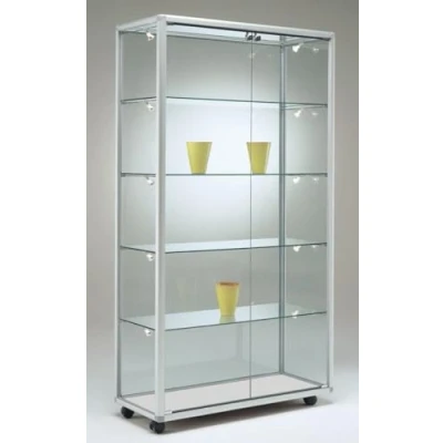 Abbildung von MHN Glasvitrine mit Rollen T 42,5 x B 79 H 184,5 cm breite Glas Standvitrine abschließbar Ausstellungs Vitrine LED Beleuchtung