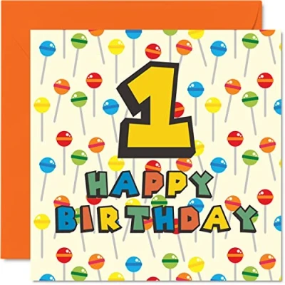 Abbildung von Geburtstagskarte zum 1. Geburtstag, Unisex, Motiv: Lollipop Sweets Candy für Sohn, Tochter, Bruder, Schwester, Enkel, Enkelin, Nichte, Neffe, Cousin, 145 mm x