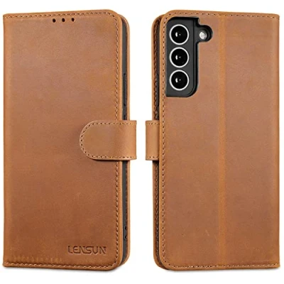 Abbildung von LENSUN Echtleder Hülle für Samsung Galaxy S22 Plus, Handyhülle [Echtes Leder][Magnetverschluss][RFID Schutz] Handytasche Lederhülle S22+ 5G Vintage Braun
