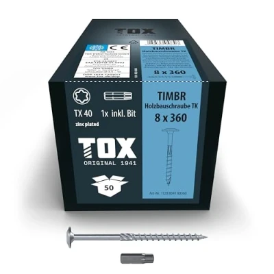 Abbildung von TOX Holzbauschrauben TIMBR TK 8,0 x 360 mm, blau verzinkt mit Tellerkopf, TX40, Schrauben für leichtes Eindrehen und hohe Tragfähigkeit im Holzbau, 50 Stück Karton, inkl. 1x Bit, 1120804180360