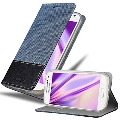 Abbildung von Cadorabo Hülle kompatibel mit Samsung Galaxy S4 Mini aus Jeans und Kunst Leder Flip Klappbare Stoßfeste Magnetische [Standfunktion] [Kartenfächern] Cover für Tasche in Blau