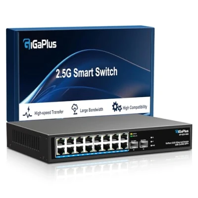 Abbildung von 18 Port 2.5Gb Nicht Verwalteter Ethernet Switch mit 16* 2.5G Base T Ports, 2*10G SFP+ Ports. GiGaPlus 2.5Gbe Netzwerk für NAS/PC, Wireless AP, WiFi6 Router. lüfterloses Design