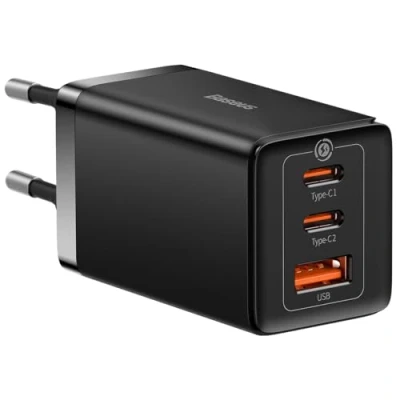 Abbildung von Baseus Travel Charger GaN5 Pro Fast Wall Charger, C+C+U, QC, AFC, PD 65W with Type C to (100W) 1m, Black EU (CCGP120201)