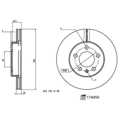 Abbildung von FEBI BILSTEIN 174450 Bremsscheibe Vorderachse 256 22 5 100 innenbelüftet beschichtet VOLKSWAGEN: Polo VI, SKODA: Kamiq, Scala Schrägheck