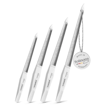 Abbildung von TITANIA® Solinger Saphir Nagelfeilen Set 4 Doppelt Gewölbte Profi (12/15/17/20 cm) mit Weißem Griff Passt sich der Natürlichen Nagelform an Für Maniküre &amp; Pediküre