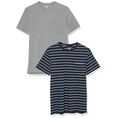 Abbildung von Amazon Essentials Herren T Shirt mit kurzen Ärmeln, Rundhalsausschnitt und Tasche in schmaler Passform, 2er Pack, Grau Meliert/Marineblau Streifen, S