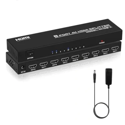 Abbildung von TCNEWCL 4K HDMI Splitter 1 in 8 Out Gleichzeitig 1x8 Audio Video Verteiler mit Netzteil, Unterstützt 3D, HDCP, Kompatibilität HDTV, Xbox, PS4, Blue Ray Player, Projektor