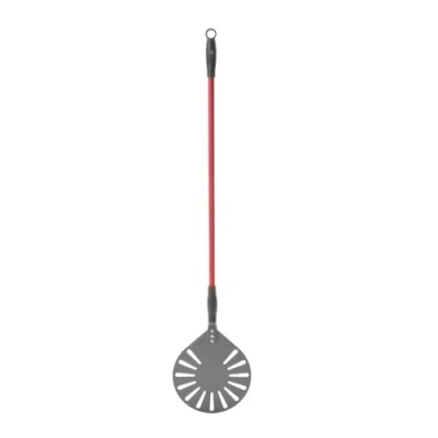 Abbildung von HENDI Pizzaschaufel, rund, perforiert, Länge kann flexibel angepasst werden, Pizzaschieber, Brotschieber, 1200x230mm, besonders haltbares eloxiertes Aluminium
