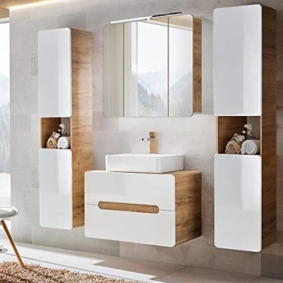Abbildung von Lomadox Badezimmer Badmöbel Set, Hochglanz weiß mit Wotan Eiche Nb., Keramik Waschtisch 80 cm Unterschrank, LED Spiegelschrank, 2 Hochschränke