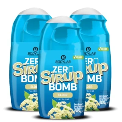 Abbildung von Bodylab24 ZERO Sirup BOMB Elder, 3 x 65ml, zuckerfrei und praktisch ohne Kalorien, mit nur 1kcal je 100ml Wasser Mischung, hochkonzentriert, für 8 l Fertiggetränk