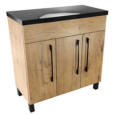Abbildung von paplinskimoebel Badschrank in Eichenoptik mit Arbeitsplatte für aufgesetztes Waschbecken, Griffe und Füße schwarz, glänzend lackiert (Eiche Lancelot+ schwarz)