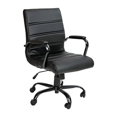 Abbildung von Flash Furniture Bürostuhl mit mittelhoher Rückenlehne, schwarzes LeatherSoft, weicher Chefsessel, Drehstuhl schwarzem Gestell und Armlehnen