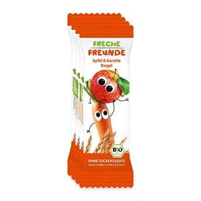 Abbildung von FRECHE FREUNDE Bio Fruchtriegel Apfel &amp; Karotte, Obst Gemüse Riegel für Babys und Kinder ab 1 Jahr, fruchtiger Snack ohne Zuckerzusatz, vegan, laktosefrei, 6er Pack, 6x (4x 23g)