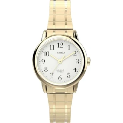 Abbildung von Timex Easy Reader Damen Armbanduhr, 25 mm, goldfarbenes Edelstahl Stretcharmband, weißes Zifferblatt, Gehäuse TW2W52400