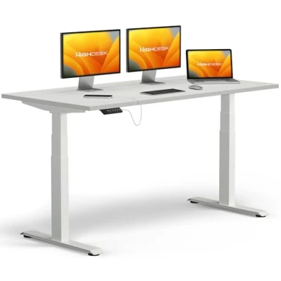 Abbildung von KRIEG HighDesk PRO Höhenverstellbarer Schreibtisch 200 x 80 cm I Weiß + Elektrischer Sitz &amp; Stehtisch mit Tischplatte Stehschreibtisch Elektrisch Höhenverstellbar