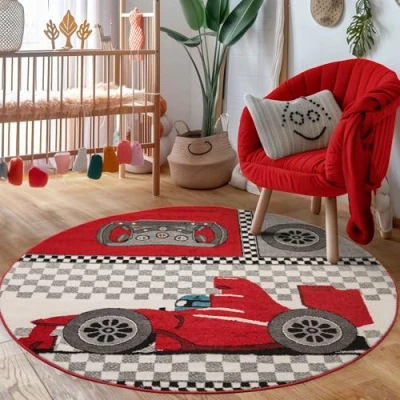 Abbildung von Carpettex Kinderteppich Rennwagen Design Rot 160 cm Rund Kurzflor Teppich Kinderzimmer für Mädchen und Jungen Pflegeleicht Weich Waschbarer Spielteppich Babyteppich Gaming Babyzimmer