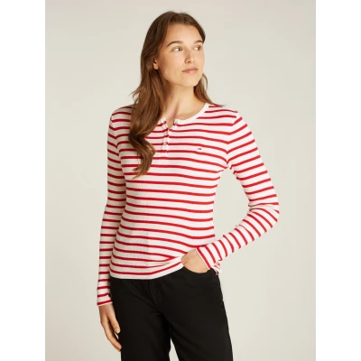 Abbildung von Tommy Jeans Langarmshirt TJW SLM BUTTON RIB C NECK LS EXT mit Logostickerei