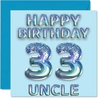 Abbildung von Stuff4 Geburtstagskarte zum 33. Geburtstag für Onkel Blaue Glitzer Partyballons Happy Birthday Karten den von Neffe Nichte, 145 mm x