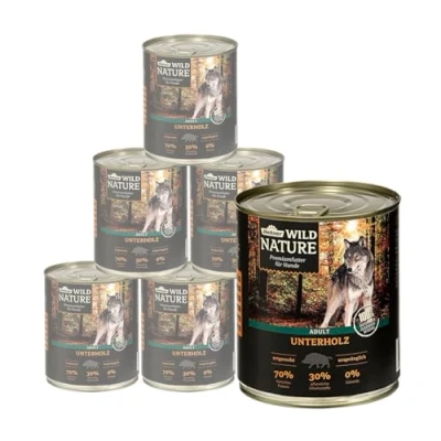 Abbildung von Dehner Wild Nature Hundefutter Unterholz, Nassfutter getreidefrei / zuckerfrei, für ausgewachsene Hunde, Wildschwein, 6 x 800 g Dose (4.8 kg)