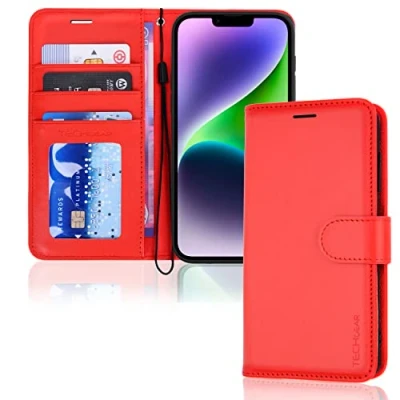 Abbildung von TECHGEAR hülle iPhone 14 Leder klappbar, PU Flip Schutzhülle Ledertasche [Brieftasche] Handyhülle mit Ständer und Handschlaufe Rot Kompatible (6,1&quot;)