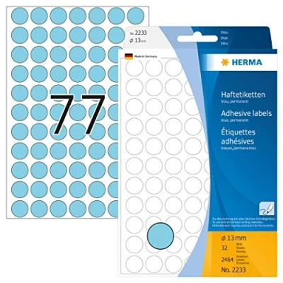Abbildung von HERMA 2233 Punktaufkleber Klebepunkte blau, 2464 Stück, Ø 13 mm, 77 pro Bogen, selbstklebend, Markierungspunkte für Kalender Planer Basteln, matt, blanko Papier Farbpunkte Aufkleber