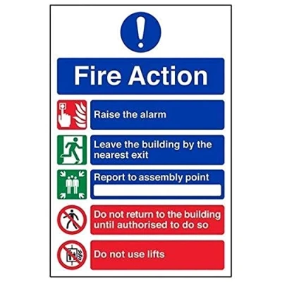 Abbildung von VSafety Schild mit Aufschrift „General Fire Action“ 5 Hinweisen (englische Version), Hochformat, 210 mm x 297 (A4), 1 Hartkunststoff