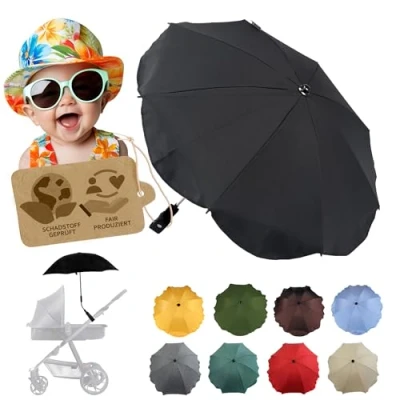 Abbildung von Sonnenschutz universal [Sonnenschirm für Kinderwagen] Buggy UV Schutz 50+ mit Universalhalterung biegsamer Schirm Rund und Ovalrohre verstellbar (schwarz)