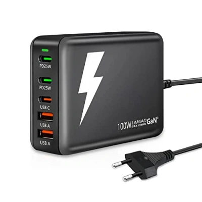 Abbildung von LAMJAD 100W USB C Ladegerät,PD GaN III Netzteil,5 Port Schnellladegerät [3 + 2 A] Kompatibel mit iPhone 15/14/13/12, iPad Pro, Galaxy S22/S21, Pixel (Schwarz)