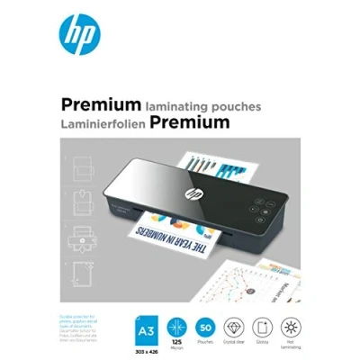 Abbildung von HP Premium Laminierfolien, DIN A3, 125 Micron, glänzend, transparent, zum Heißlaminieren, 50 Stück, 9127