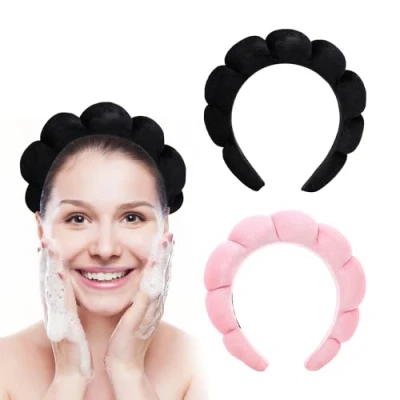 Abbildung von SYEYCW 2 Stück Haarband Kosmetik, Damen Spa Weicher Schwamm Haarbänder Stirnband, Make up Skincare Headband, für Hautpflege, Gesichtsreinigung, Abschminken, Dusche, Sport (Schwarz, Rosa)