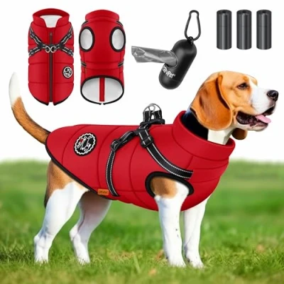 Abbildung von LOVPET® Hundejacke Hundemantel Mit Geschirr, inkl. 45 Stück Kotbeutel + Spender, Hunde Winterweste gefüttert wasserdicht, Gepolsterte Weste Brustgurt, Reflektoren, D Ring XL, Bordeaux Rot