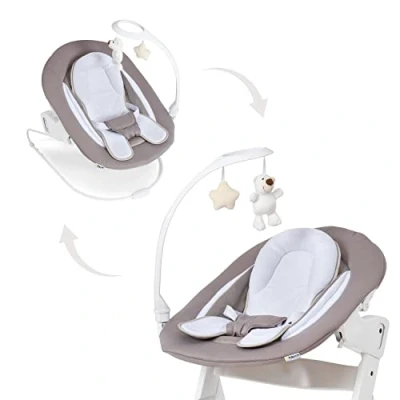 Abbildung von hauck 2in1 Babywippe &amp; Neugeborenenaufsatz mit Spielbogen für Alpha+ Beta+ Holzhochstuhl Bouncer Deluxe, ab Geburt bis 9 kg, 3 Punkt Hüftgurt, Sitzverkleinerer und Wippgestell (Sand)