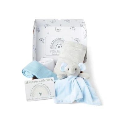 Abbildung von Baby Box Shop 5 Essentials für Neugeborene, ideal als Babyparty Geschenke und Taufgeschenke Jungen, blaue Elefanten Babydecke, Fleecedecke, 2 Musselin Tücher, Geschenkkarte