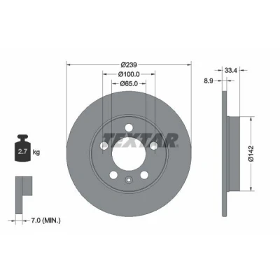 Abbildung von TEXTAR PRO 92105803 Bremsscheibe 239 8,9 05/06 100 voll beschichtet ohne Radbefestigungsbolzen, Radnabe VOLKSWAGEN: Golf 4 Schrägheck