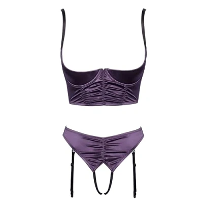 Abbildung von Hebe plus Straps Slip ouvert aus Stretch Satin in edlem Lila mit schwarzen Details