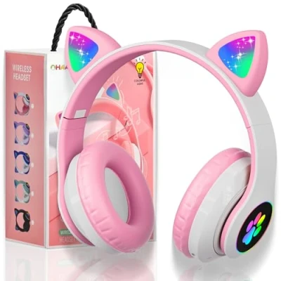 Abbildung von OHAANYY Bluetooth Kopfhörer Kinder,Mädchen Katzenohr Over Ear mit LED licht Faltbare Stereo Bluetooth,Kabellose Kinder Mikrofon für Tablet/Handy/PC (Rosa)