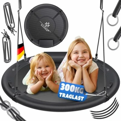 Abbildung von KESSER® Nestschaukel Tellerschaukel Hängeschaukel Rundschaukel Ø 100cm Schaukel bis 300kg belastbar mit Kissen &amp; 4 Griffen verstellbar Kinderschaukel Indoor Outdoor für Kinder Erwachsene Anthrazit