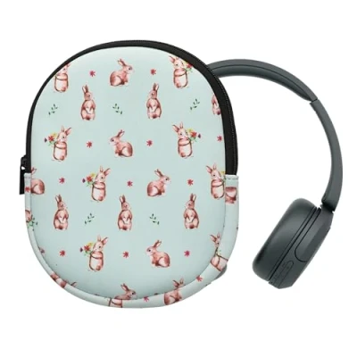 Abbildung von kwmobile Hülle kompatibel mit Sony WH CH520 / CH510 Neopren Tasche Case für Headset aus robustem Stoff Weiß Braun Graugrün Hasen und Blumen