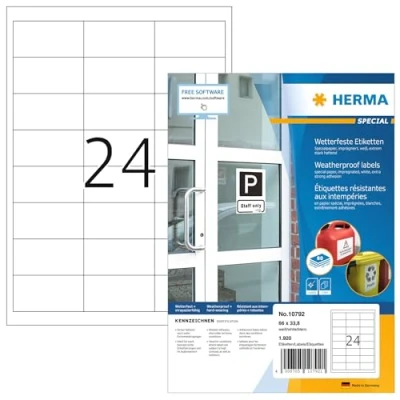 Abbildung von HERMA 10792 Wetterfeste Etiketten imprägniert, 80 Blatt, 66 x 33,8 mm, 24 pro A4 Bogen, 1920 Stück, selbstklebend, bedruckbar, matt, blanko Outdoor Klebeetiketten aus Spezialpapier, weiß