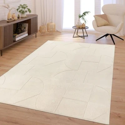 Abbildung von TT Home Wohnzimmer Teppich Schlafzimmer Hochflor Skandinavisch Uni Boho Waschbar, Farbe:Creme, Größe:240x340 cm