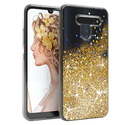 Abbildung von EAZY CASE Hülle kompatibel mit LG Q60 / KG50 Schutzhülle Flüssig Glitzer, Handyhülle, Schutzhülle, Back Cover Glitter Flüssigkeit, TPU/Silikon, Transparent/Durchsichtig, Gold