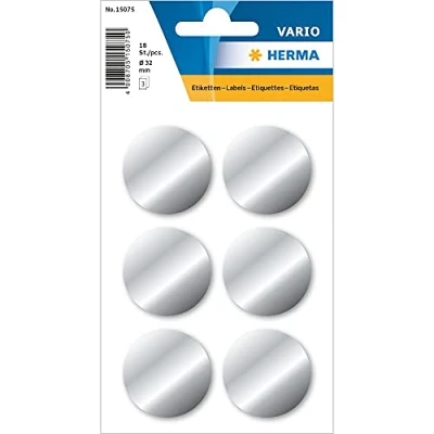 Abbildung von HERMA 15075 Punktaufkleber Klebepunkte silber rund, 18 Stück, Ø 32 mm, 6 pro Bogen, selbstklebend, Markierungspunkte für Kalender Planer Basteln, glänzend, blanko Papier Farbpunkte Etiketten Aufkleber