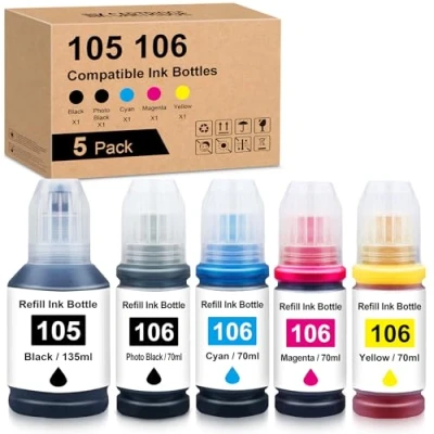 Abbildung von Yongairuink 105 106 Tinte Kompatibel mit EP Tintenpatronen Multipack für L 7160 7180 ET 7700 7750 (5 Pack, 2 Schwarze Cyan Magenta Gelb)