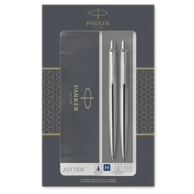 Abbildung von Parker Jotter Duo Geschenkset mit Kugelschreiber und Druckbleistift (0,5 mm) Edelstahl Chromzierteilen Nachfüllmine blauer Tinte Geschenkbox
