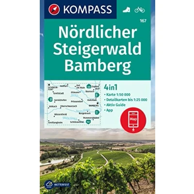 Abbildung von KOMPASS Wanderkarte 167 Nördlicher Steigerwald, Bamberg 1:50.000: 4in1 mit Aktiv Guide und Detailkarten inklusive Karte zur offline Verwendung in der App. Fahrradfahren.