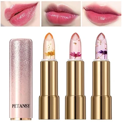 Abbildung von 3 Stück Kristallgelee Blumen Lippenstift Set, Sitovely PH Magische Temperatur Farbwechsel mit Blumen, Feuchtigkeitscreme Transparente Farbänderung Lippenbalsam Geschenkbox