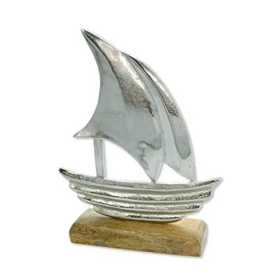 Abbildung von Metall Skulptur mit Holz Fuß Silber braun Segelboot 19 x 25cm Dekofigur Tisch Deko Maritim Mediterran Meeresdeko
